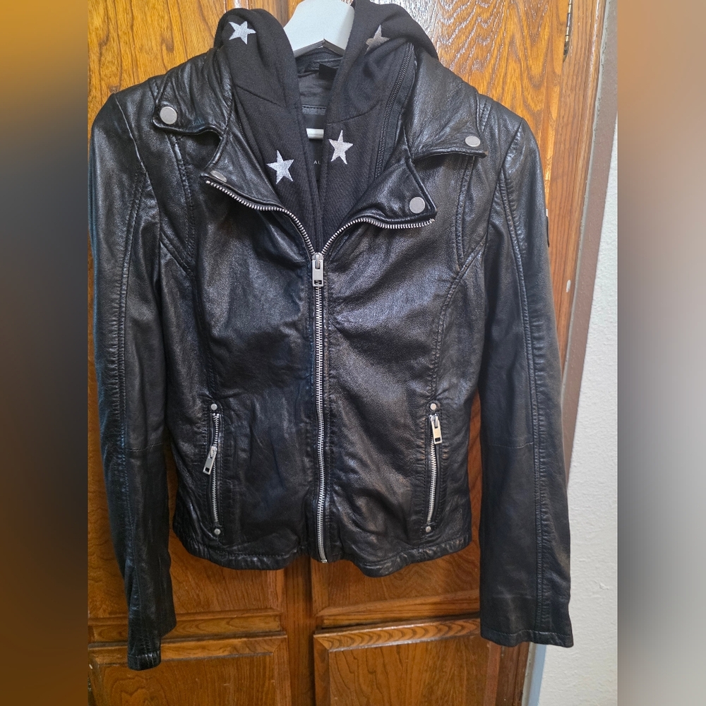 MAURITIUS DUFFI Moto Leather Jacket with Star Hoodie Size EUSmall/ US6 - Picture 5 of 16